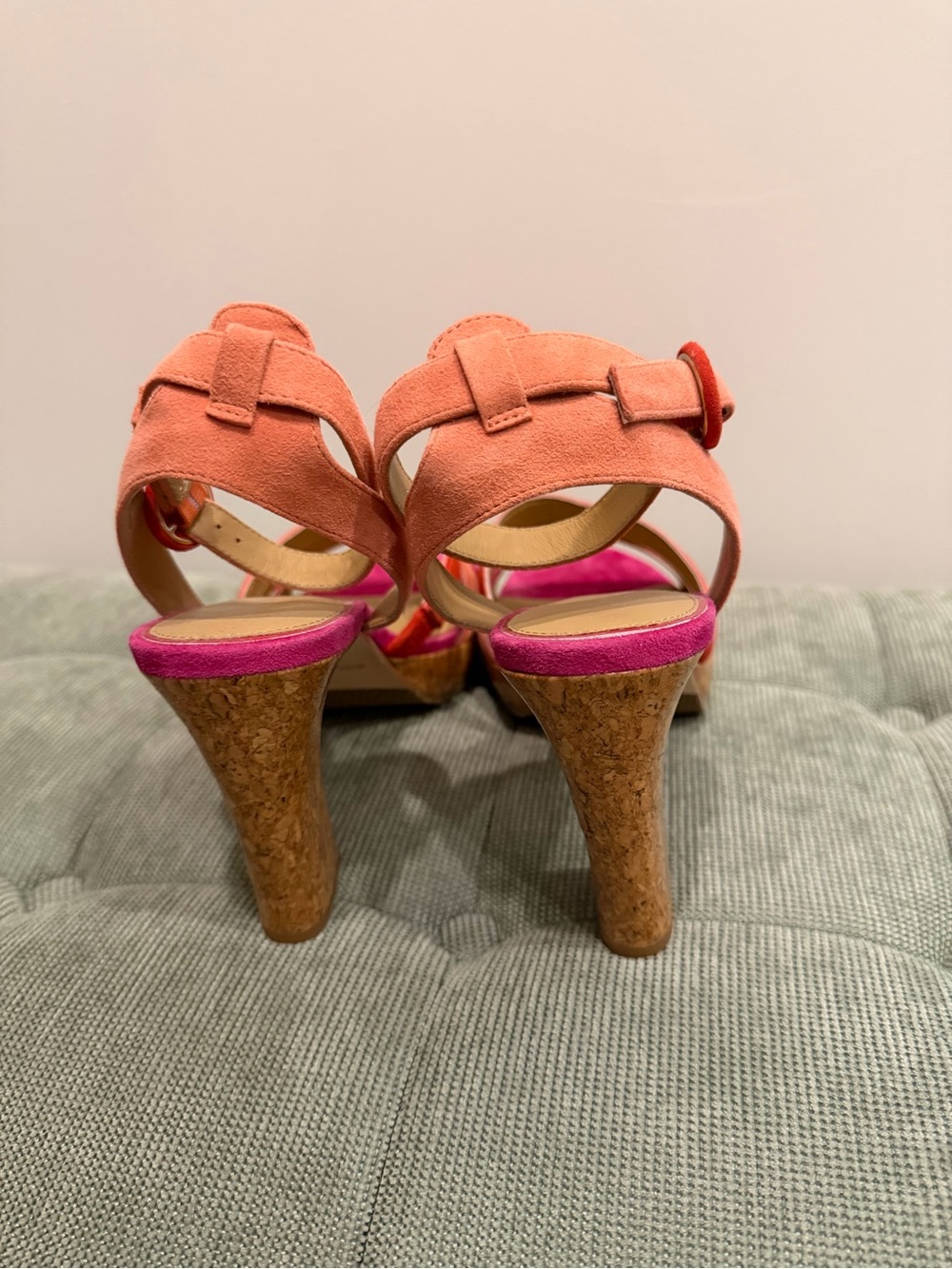 Donald J. Pliner Pink, Coral & Magenta Suede Cork Wedge Sandals - Picture 2 of 6